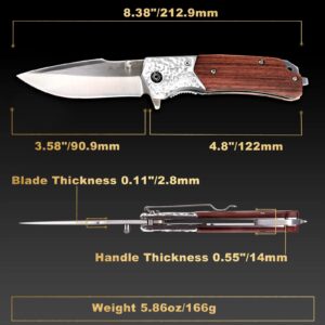 A+ Choice Pocket Knife Sharp Folding Knives - 4" 440C Stainless Steel Clip Point Blade with Pocket Clip, Wood Handle, Glass Breaker - Best Camping Hiking Fishing Work Knofe