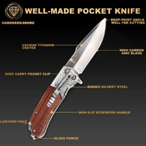 A+ Choice Pocket Knife Sharp Folding Knives - 4" 440C Stainless Steel Clip Point Blade with Pocket Clip, Wood Handle, Glass Breaker - Best Camping Hiking Fishing Work Knofe