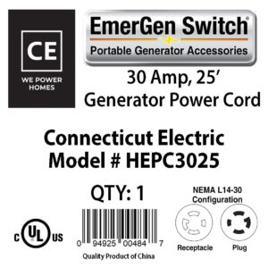 Connecticut Electric 25 Foot Generator Power Extension Cord, 30 Amp, 4 Prong, NEMA L14-30P (Male), NEMA L14-30R (Female)