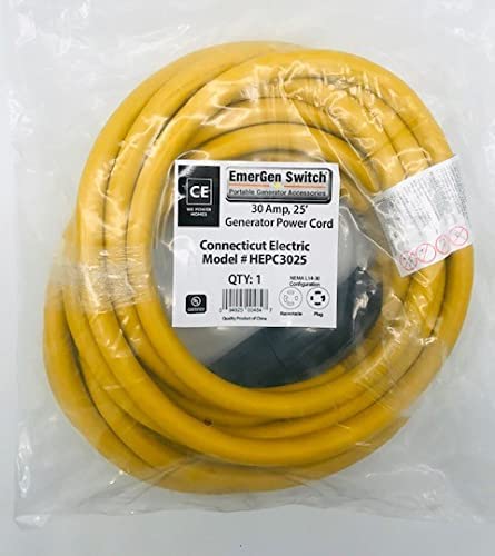 Connecticut Electric 25 Foot Generator Power Extension Cord, 30 Amp, 4 Prong, NEMA L14-30P (Male), NEMA L14-30R (Female)