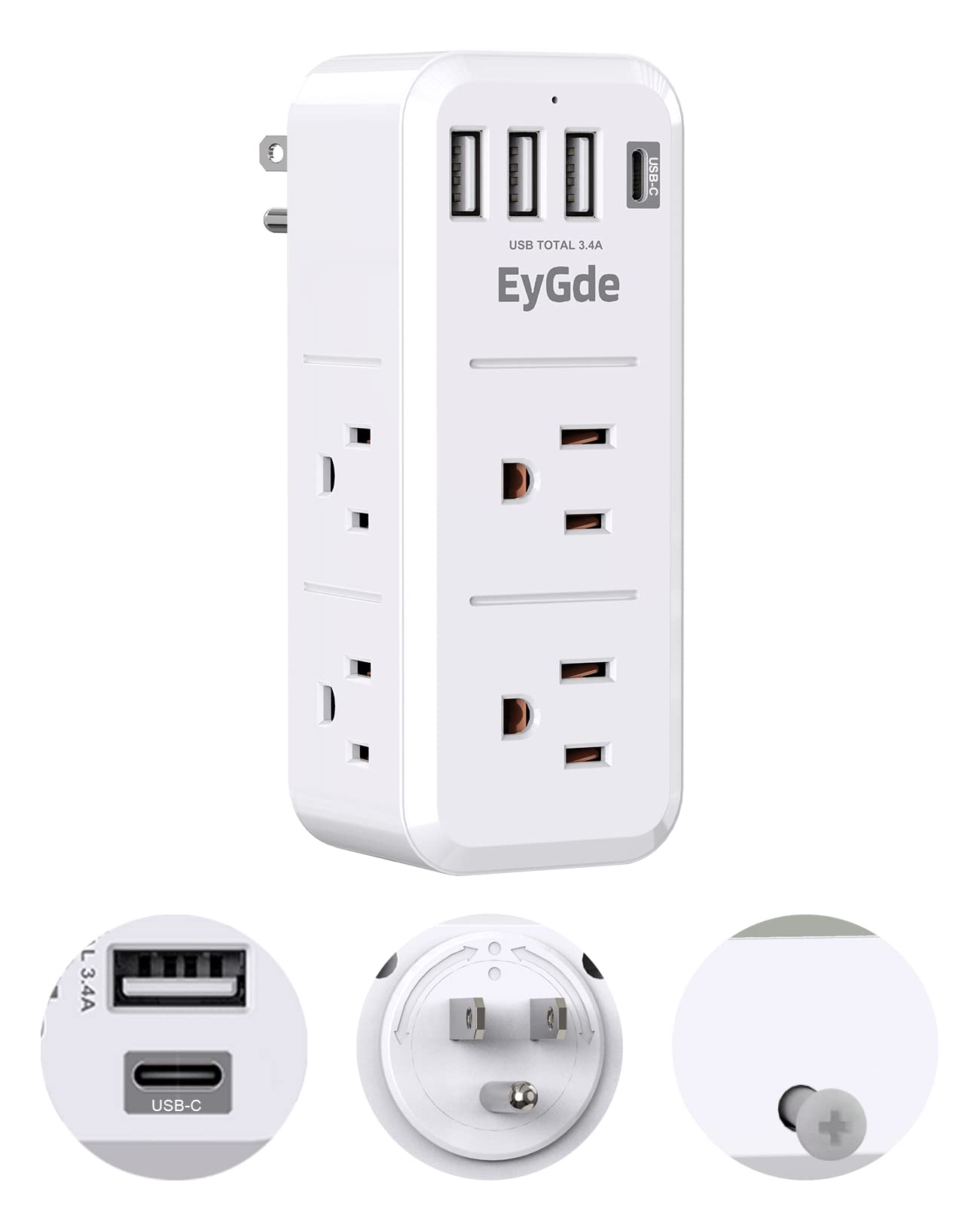 EyGde Multi Plug Outlet Extender Surge Protector 1700J, Wall Power Strip with Rotating Plug & 4 USB Charging Ports (1 USB C), 3 Side Swivel Outlet Splitter with 6 Spaced Sockets for Home Office Travel