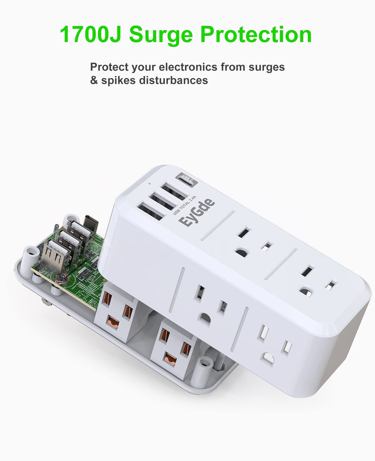 EyGde Multi Plug Outlet Extender Surge Protector 1700J, Wall Power Strip with Rotating Plug & 4 USB Charging Ports (1 USB C), 3 Side Swivel Outlet Splitter with 6 Spaced Sockets for Home Office Travel