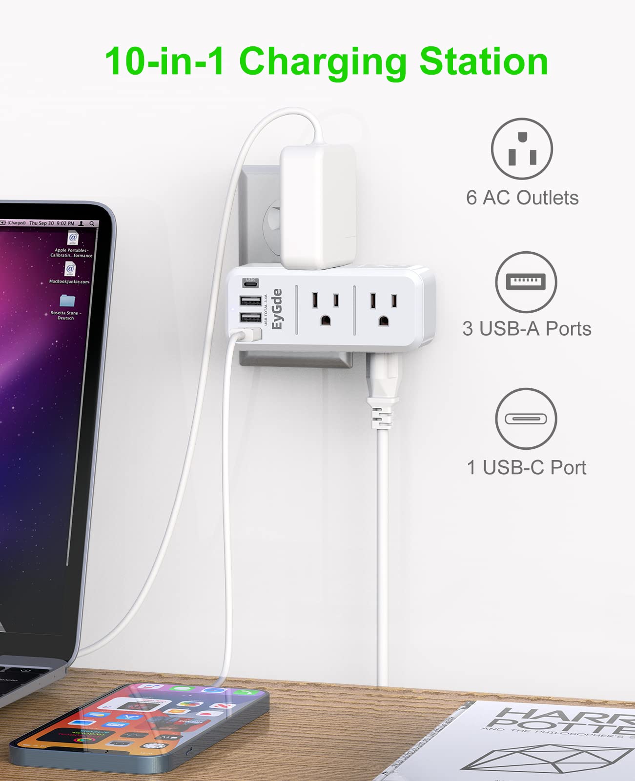 EyGde Multi Plug Outlet Extender Surge Protector 1700J, Wall Power Strip with Rotating Plug & 4 USB Charging Ports (1 USB C), 3 Side Swivel Outlet Splitter with 6 Spaced Sockets for Home Office Travel