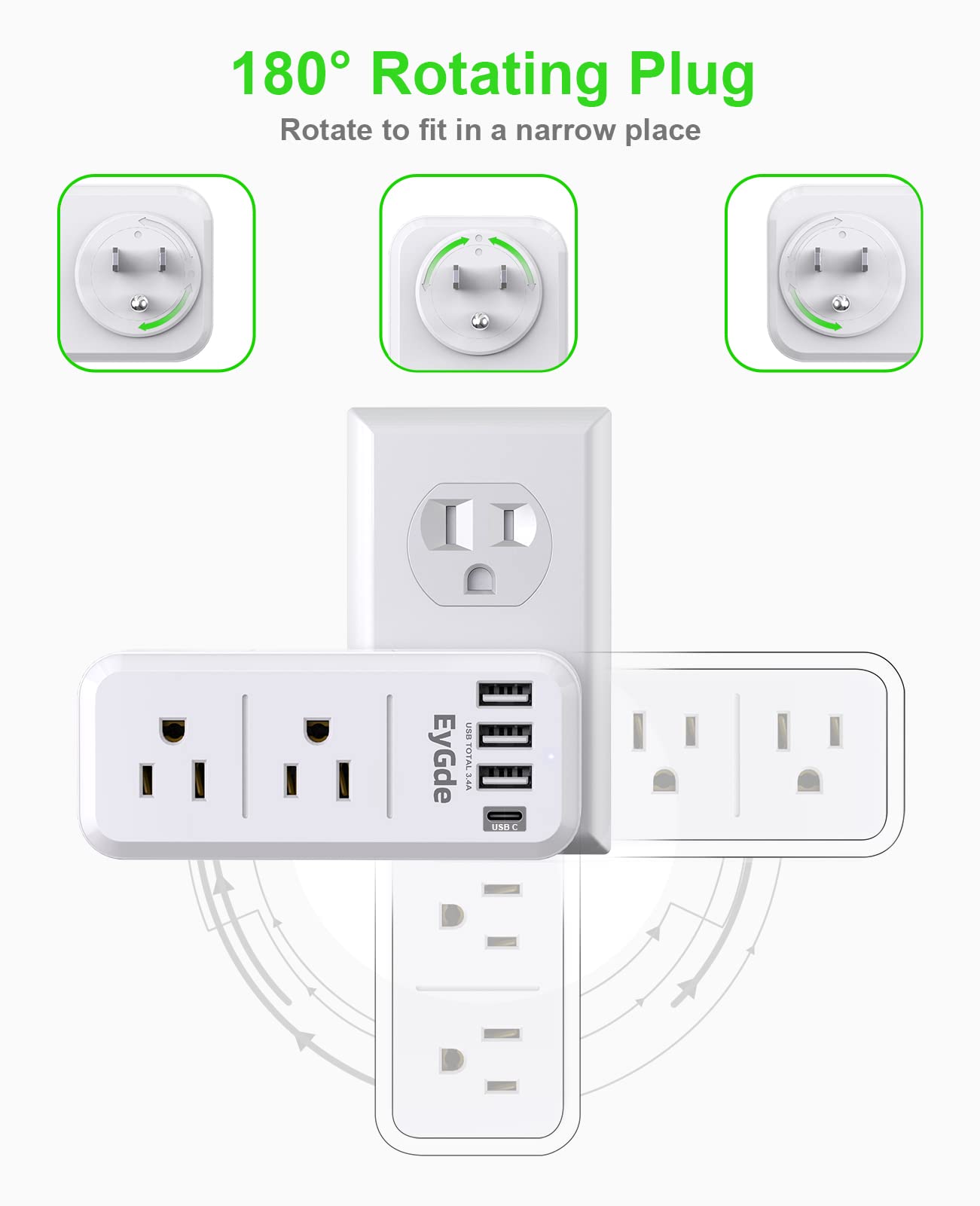 EyGde Multi Plug Outlet Extender Surge Protector 1700J, Wall Power Strip with Rotating Plug & 4 USB Charging Ports (1 USB C), 3 Side Swivel Outlet Splitter with 6 Spaced Sockets for Home Office Travel