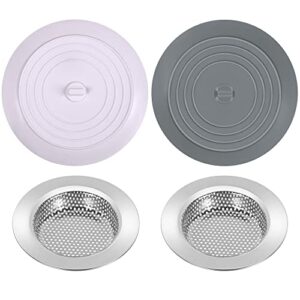 4 pcs kitchen sink strainer stopper kit, 4.5 inch stainless steel sink drain strainer, thicken drain filter strainer with large wide rim, 6 inch silicone tub stopper, universal rubber drain stopper