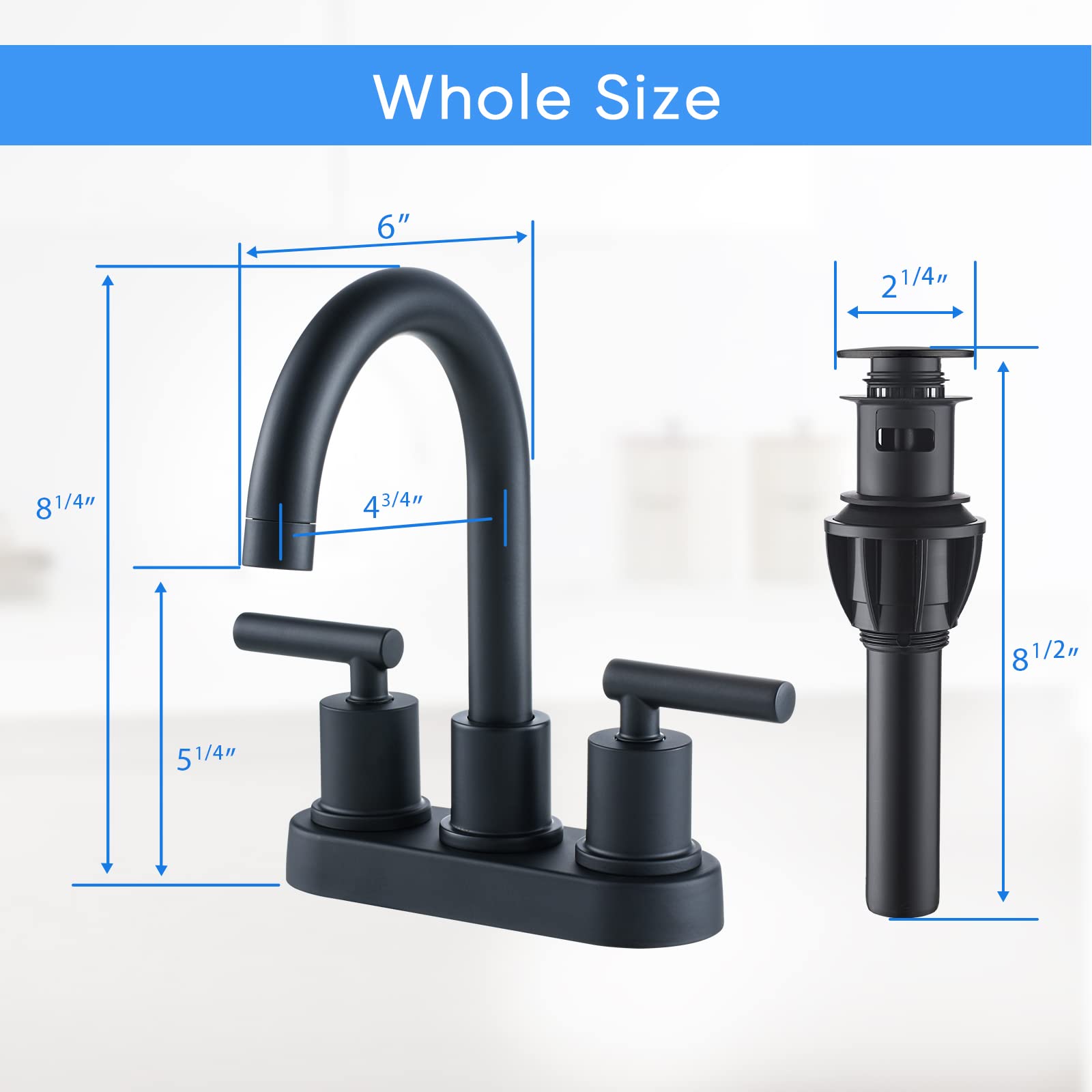 VXV Bathroom Sink Faucet 4 Inch 2 Handle Centerset Utility Lavatory Vanity Faucet Modern 360 Rotating Black Bathtub Water Tub Faucet with Pop-up Drain Stopper Assembly and Supply Lines Fit 2 or 3 Hole