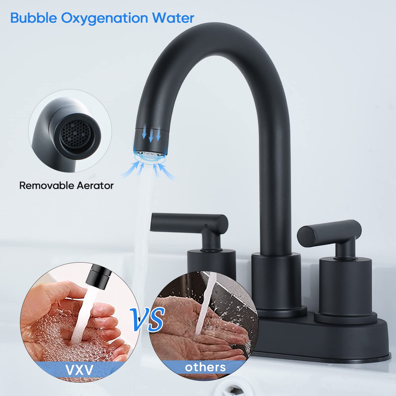 VXV Bathroom Sink Faucet 4 Inch 2 Handle Centerset Utility Lavatory Vanity Faucet Modern 360 Rotating Black Bathtub Water Tub Faucet with Pop-up Drain Stopper Assembly and Supply Lines Fit 2 or 3 Hole