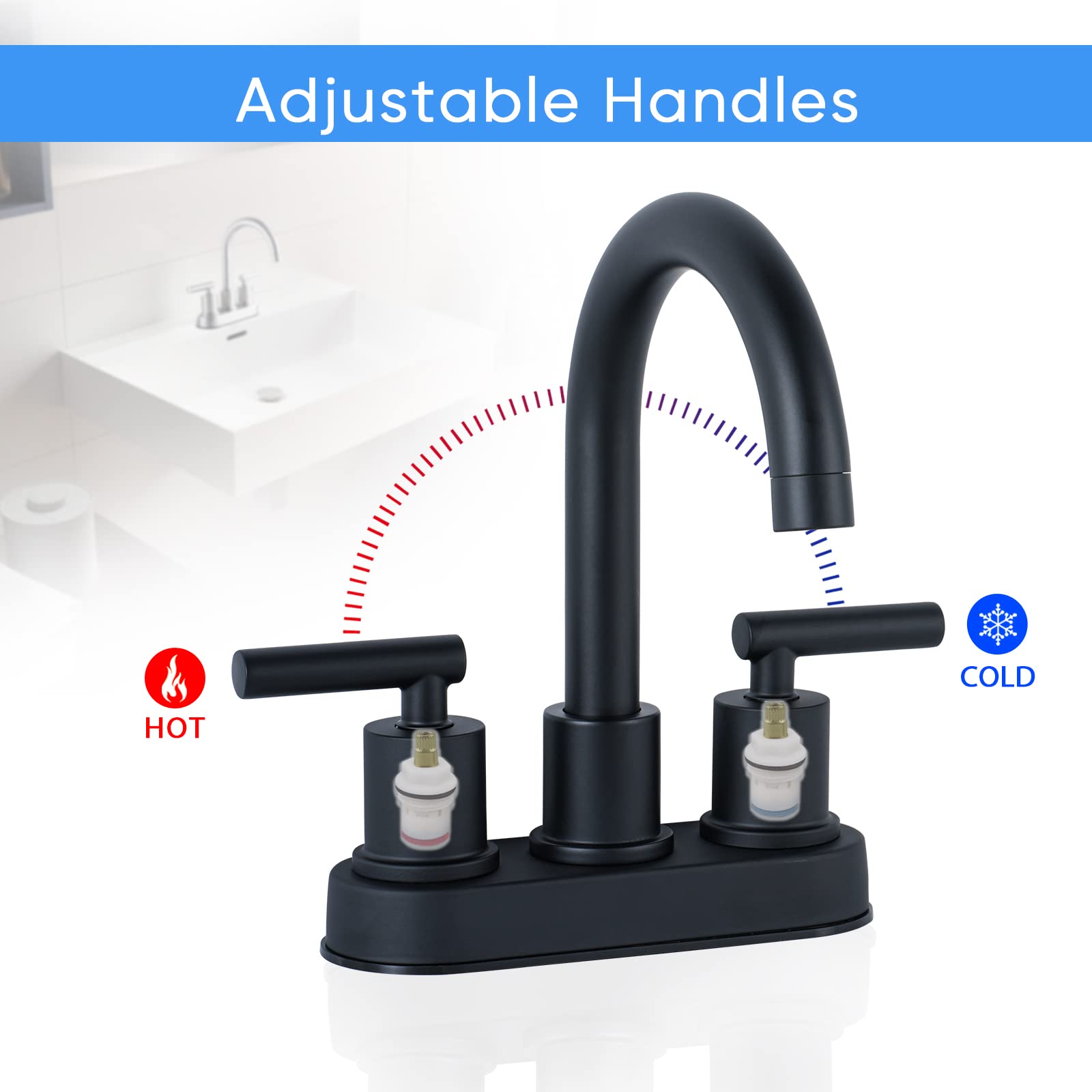 VXV Bathroom Sink Faucet 4 Inch 2 Handle Centerset Utility Lavatory Vanity Faucet Modern 360 Rotating Black Bathtub Water Tub Faucet with Pop-up Drain Stopper Assembly and Supply Lines Fit 2 or 3 Hole