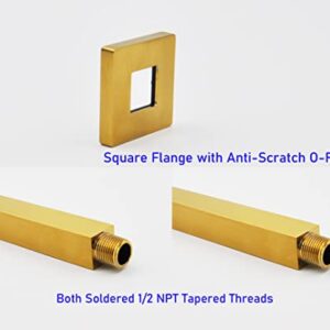 Aquaiaw Square Shower Arm and Anti-Scratch O-Ring Flange, 8 inch, Solid Brass, Both Soldered 1/2 NPT Tapered Threads, Straight Rainfall Shower Head Arm Extension, Ceiling Mount Arm (Brushed Gold)