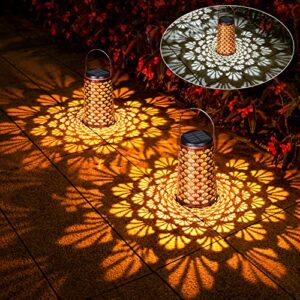 hanging solar lanterns outdoor waterproof - 2 pack metal led decorative lights with 2 modes warm cool white for landscape, courtyard, camping, garden, tabletop, backyard