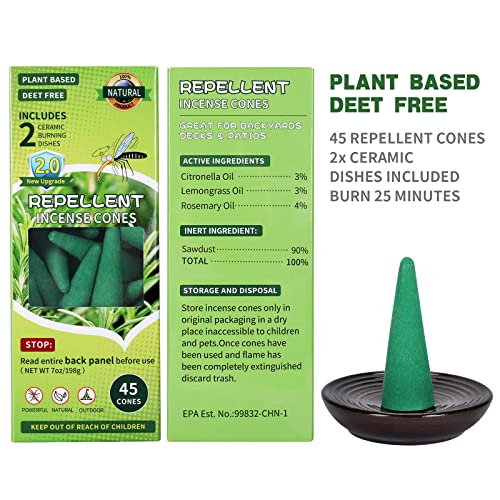 Mosquito Repellent Incense Cones Bug Repellent Outdoor 45 Cones 100% Natural.Made with Natural Lemongrass & Rosemary Oil Non Toxic and DEET Free-Includes 2 Ceramic Dishes