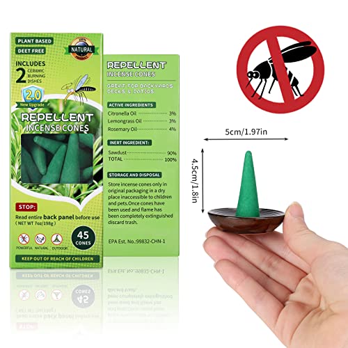 Mosquito Repellent Incense Cones Bug Repellent Outdoor 45 Cones 100% Natural.Made with Natural Lemongrass & Rosemary Oil Non Toxic and DEET Free-Includes 2 Ceramic Dishes