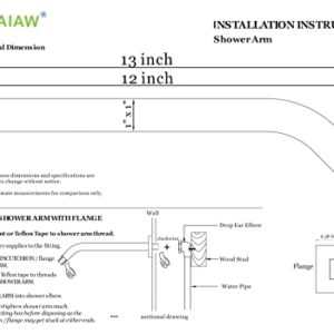 Aquaiaw Square Shower Arm and Anti-Scratch O-Ring Flange, Material 1 inch Solid Brass Pipe, Both Soldered 1/2-14 NPT Tapered Threads, Wall Mount Shower Head Extension Arm (12 inch, Matte Black)