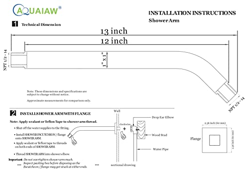 Aquaiaw Square Shower Arm and Anti-Scratch O-Ring Flange, Material 1 inch Solid Brass Pipe, Both Soldered 1/2-14 NPT Tapered Threads, Wall Mount Shower Head Extension Arm (12 inch, Matte Black)