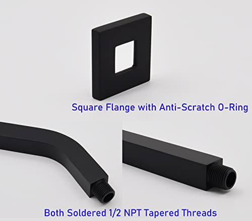 Aquaiaw Square Shower Arm and Anti-Scratch O-Ring Flange, Material 1 inch Solid Brass Pipe, Both Soldered 1/2-14 NPT Tapered Threads, Wall Mount Shower Head Extension Arm (12 inch, Matte Black)