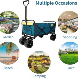 Beach Cart with Big Wheels for Sand, Ribitek Outdoor Folding Camping Grocery Portable Utility Cart, Heavy Duty 300 Lbs Capacity Collapsible All Terrain Sports Wagon with Adjustable Handle for Camping