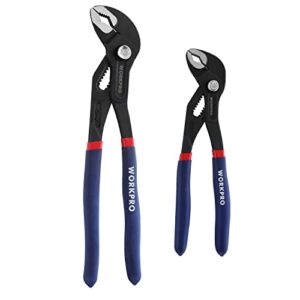 workpro 2 piece groove joint pliers set, 7 & 10-inch fast adjustable water pump pliers, v-jaw tongue and groove pliers in crv steel
