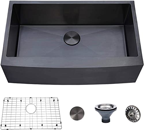 VESLA HOME 33 inch Black Farmhouse Sink,Stainless Steel Single Bowl Farmhouse Kitchen Sink,Apron Front Farm Sink with Dish Grid and Drain