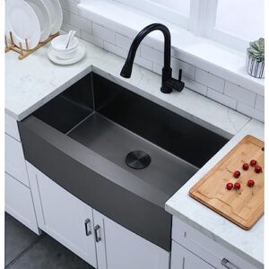 vesla home 33 inch black farmhouse sink,stainless steel single bowl farmhouse kitchen sink,apron front farm sink with dish grid and drain