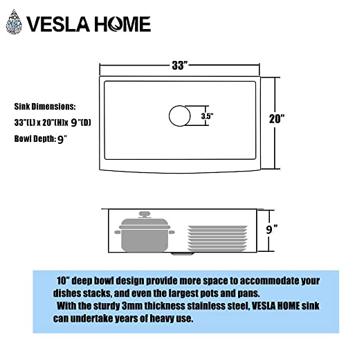 VESLA HOME 33 inch Black Farmhouse Sink,Stainless Steel Single Bowl Farmhouse Kitchen Sink,Apron Front Farm Sink with Dish Grid and Drain