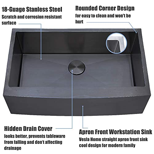 VESLA HOME 33 inch Black Farmhouse Sink,Stainless Steel Single Bowl Farmhouse Kitchen Sink,Apron Front Farm Sink with Dish Grid and Drain