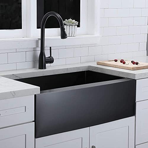 VESLA HOME 33 inch Black Farmhouse Sink,Stainless Steel Single Bowl Farmhouse Kitchen Sink,Apron Front Farm Sink with Dish Grid and Drain