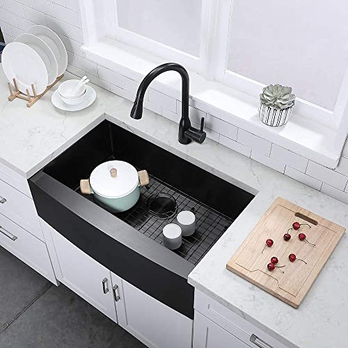 VESLA HOME 33 inch Black Farmhouse Sink,Stainless Steel Single Bowl Farmhouse Kitchen Sink,Apron Front Farm Sink with Dish Grid and Drain