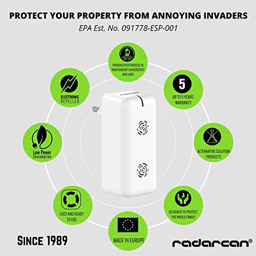 RADARCAN® 2024 ULTRASONIC PEST REPELLER - Pest control for Roaches, Rodent, Ants, Mouse, Bugs, Mosquito, Mice - Electronic repellent indoor Plug in - Home, Garage, Attic, Warehouse.. + 5 year-warranty