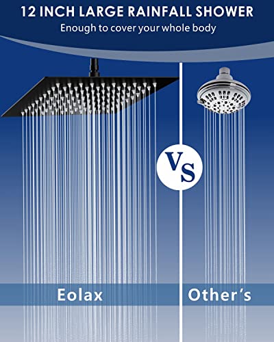 12'' Rain Shower Head with 11'' Adjustable Extension Arm - Eolax Large Rainfall Showerhead Solve Low Water Pressure and Flow - Bathroom Square Shower Heads Made of 304 Stainless Steel - Black