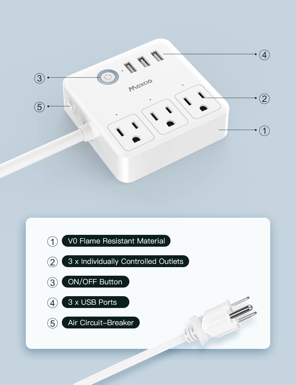 Smart Power Strip, Maxcio USB Surge Protector Compatible with Alexa & Google Home, Smart Outlets with 3 USB Ports, APP Individual Control, Smart Home Office Multi-Plug Extension Cord for Home, Travel