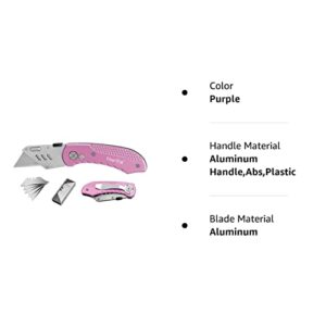 Folding Utility Knife Box Cutter Quick Change Blades, Back-lock Mechanism, Portable Belt Clip, with 5-piece Extra Blades, Purple