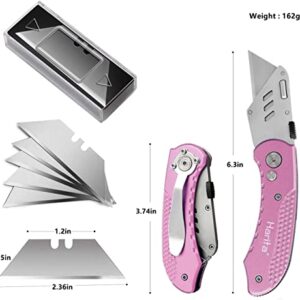 Folding Utility Knife Box Cutter Quick Change Blades, Back-lock Mechanism, Portable Belt Clip, with 5-piece Extra Blades, Purple