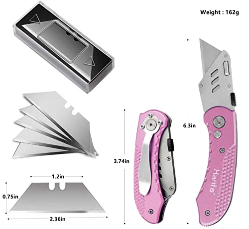 Folding Utility Knife Box Cutter Quick Change Blades, Back-lock Mechanism, Portable Belt Clip, with 5-piece Extra Blades, Purple