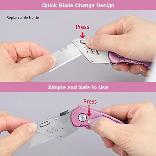 Folding Utility Knife Box Cutter Quick Change Blades, Back-lock Mechanism, Portable Belt Clip, with 5-piece Extra Blades, Purple