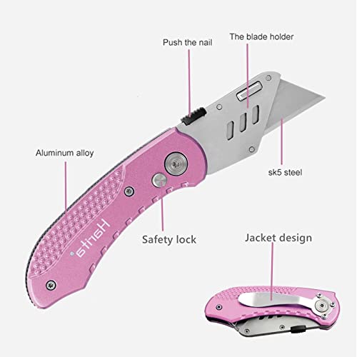 Folding Utility Knife Box Cutter Quick Change Blades, Back-lock Mechanism, Portable Belt Clip, with 5-piece Extra Blades, Purple