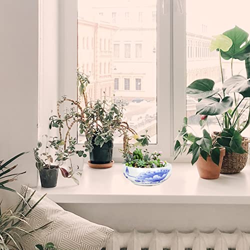 Cabilock Blue and White Porcelain Flowerpot Water Lily Ceramic hydroponic Terrarium Garden Shallow Pot Modern Flower Pot Small Cactus pots Round Shallow Pot Plant Ceramics Window Frame