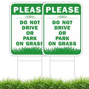 please do not drive or park on grass sign, 2pack keep off the grass yard sign with metal wire h-stakes, 16" x12" stay off grass signs double sided uvresistance, waterproof, easy to install