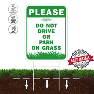 Please Do Not Drive Or Park On Grass Sign, 2Pack Keep Off The Grass Yard Sign with Metal Wire H-Stakes, 16" x12" Stay Off Grass Signs Double Sided UVresistance, Waterproof, Easy to Install