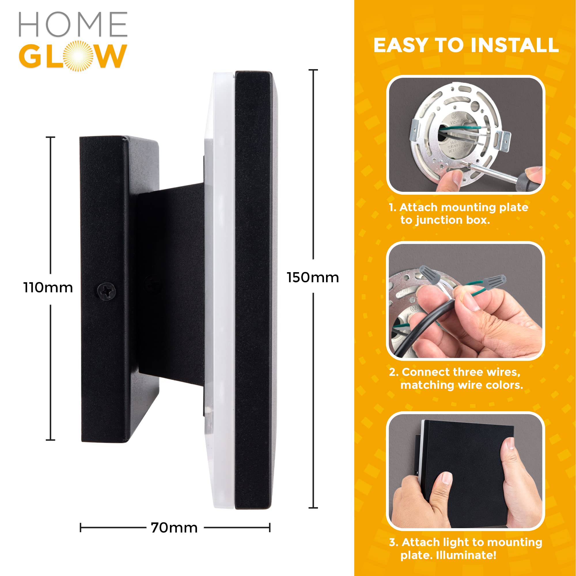 HOMEGLOW Edge LED Wall Light, Outdoor or Indoor Use. Black Modern Wall Sconce. Waterproof IP65. Warm White 3000k. AC 12W Hardwired. Durable Aluminum.