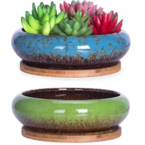 ARTKETTY Succulent Pots, 7.3 Inch Succulent Planter Pots with Drainage Pack of 2, Shallow Bonsai Pots with Tray Ceramic Pots for Indoor Plants Large Cactus Flower Plant Bowl