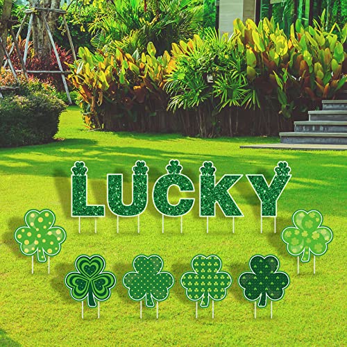 Whaline 11Pcs St. Patrick's Day Yard Signs with 22Pcs Stakes Glitter LUCKY Green Clover Lawn Sign for Indoor Outdoor Home Lawn Decorations Holiday Anniversary Ornaments Party Supplies