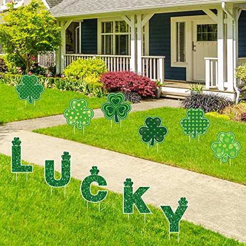 Whaline 11Pcs St. Patrick's Day Yard Signs with 22Pcs Stakes Glitter LUCKY Green Clover Lawn Sign for Indoor Outdoor Home Lawn Decorations Holiday Anniversary Ornaments Party Supplies