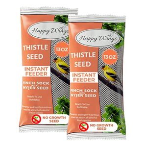 happy wings nyjer/thistle seeds wild bird food - (pack of 2, 13 ounce x 2) | prefilled sock | no grow seed | bird seeds for wild birds