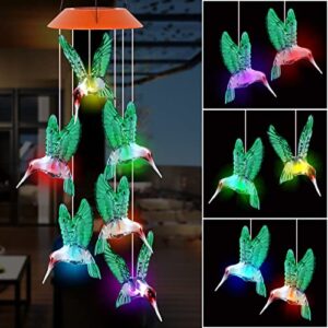 mortime led solar hummingbird wind chime, 25" outdoor hanging wind chime for patio lawn garden decorations, automatic light changing color