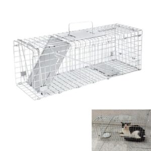 cat trap for stray cat humanitarian-aid, foldable catch and release animal trap large one-door with metal guard handle 24×7.5×8.3 inch