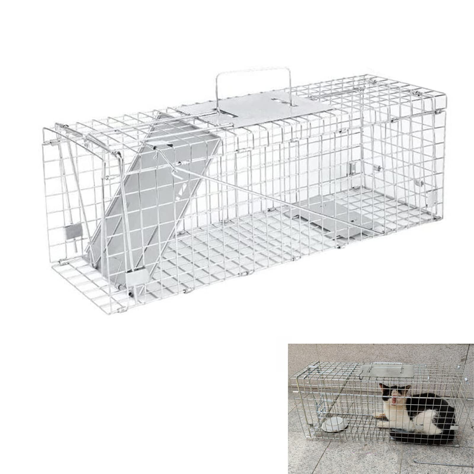 Cat Trap for Stray Cat Humanitarian-aid, Foldable Catch and Release Animal Trap Large One-Door with Metal Guard Handle 24×7.5×8.3 Inch