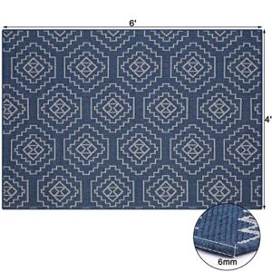 U'Artlines Indoor Outdoor Area Rugs Boho Chic Aztec Non-Shedding Large Floor Mat and Rug for Outdoors, RV, Patio, Backyard, Deck, Picnic, Beach, Trailer, Camping (4' x 6', Cream/Navy Blue)