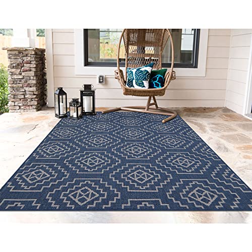 U'Artlines Indoor Outdoor Area Rugs Boho Chic Aztec Non-Shedding Large Floor Mat and Rug for Outdoors, RV, Patio, Backyard, Deck, Picnic, Beach, Trailer, Camping (4' x 6', Cream/Navy Blue)