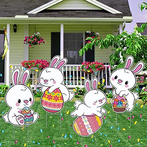 Easter Yard Signs,4Pcs Reflective Large Outdoor Easter Bunnies Decorations and Egg Hunt Decor, Spring Front Yard Sign,Lawn Decoration for Easter Party.