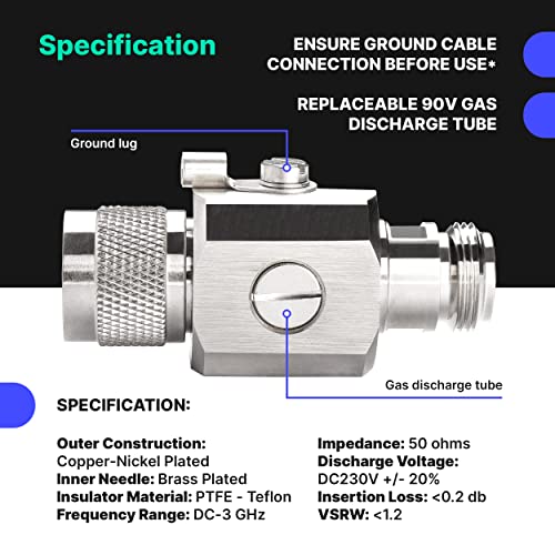 RAIGEN Lightning Arrestor for N-Type Male to N-Type Female Antennas Surge Protector 50 Ohm Coaxial with 90V Gas Tube